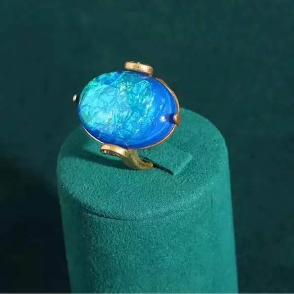 Imperial Blue Opal Ring Handcrafted Brass with Regal Elegance